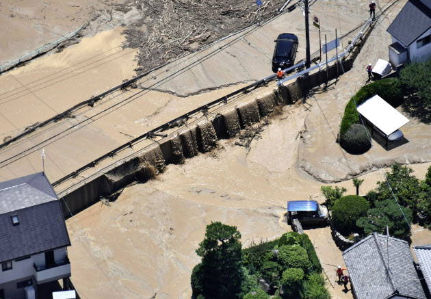 洪水により浸水した市街地の写真例